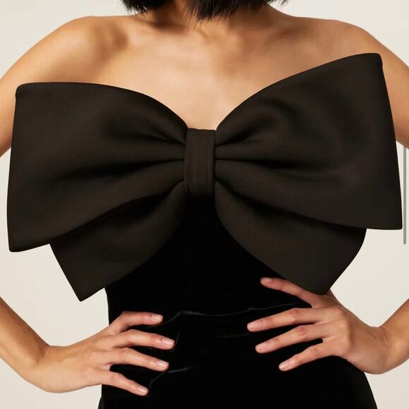 Badgley Mischka Women's Velvet Bow Strapless Sheath Dress 0 Black Cocktail - Picture 4 of 16